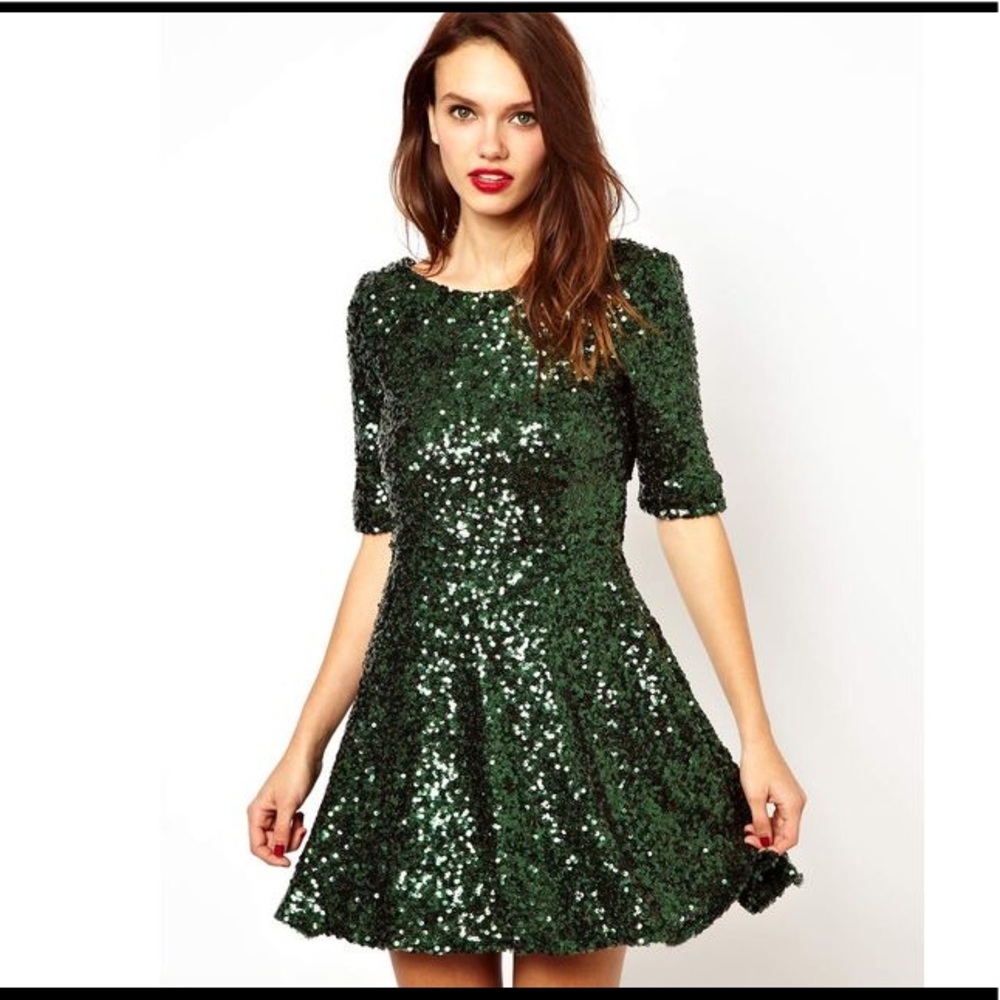 French Connection Green Sequin Skater Dress NWT